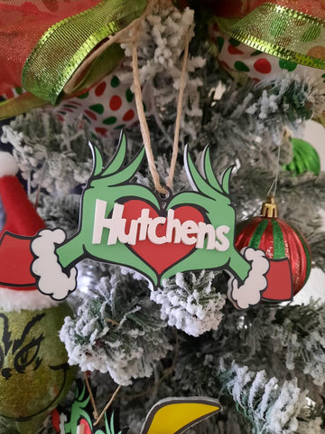 Personalized Grinch Heart Hands Ornament in red white and green