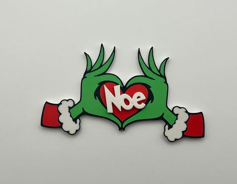 Personalized Grinch Heart Hands Magnet in red white and green